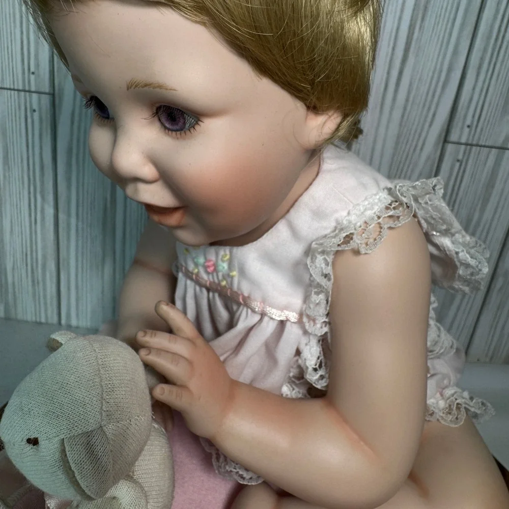 Vintage Ashton Drake 1993 Porcelain Baby Doll Pink Lace Outfit Teddy Bear